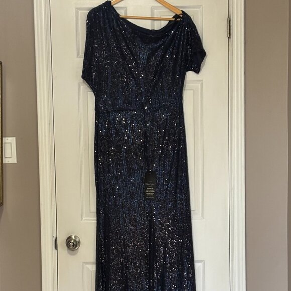 Midnight Blue Sequin One Shoulder Formal Gown - Melanie Lyne (Size 14) - Picture 2 of 4